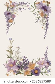 Botanical lavender border, with a symmetrical arrangement of purple and yellow flowers.