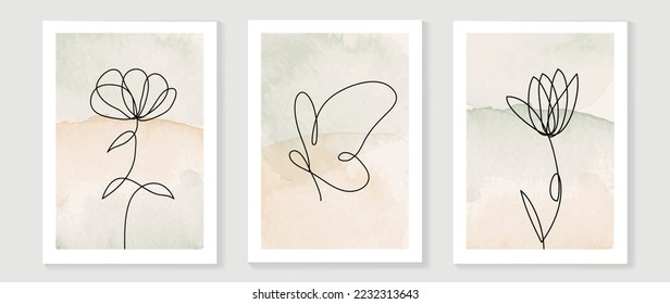Botanical leaf branch wall art set vector. Abstract tropical wildflower line art on watercolor background. Design illustration for print, wall decor, home decoration, poster, wallpaper, banner.