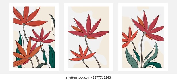 Botanical leaf branches wall art vector. Tropical hand drawn flowers and leaves. Illustration design for wall decor, home decor	
