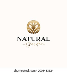 Plantilla de logotipo gradiente de oro de círculo de hoja botánica aislada en fondo blanco