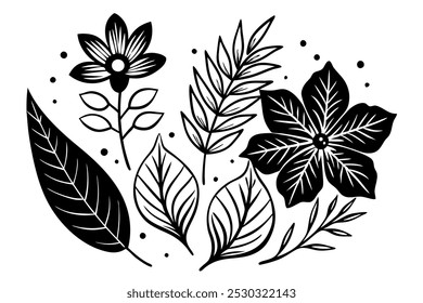 Botanical leaf doodle wildflower line with vector silhouette illustration