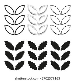 Elemento botánico de la hoja. Follaje conjunto Vector. Rama orgánica de la planta. Forma de silueta natural.