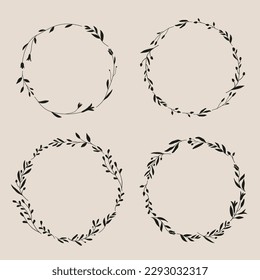 Botanical leaf frame decoration.  Laurel, flower circle shape wreath, garland illustration.