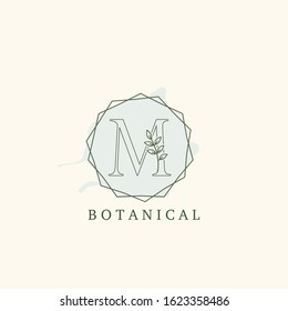 Botanical Leaf Initial M Letter Logo,  vector logo  design concept  hexagon geometric frame with initial letter logo icon for botany or nature business.