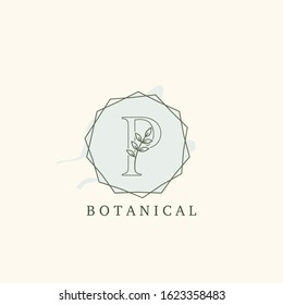Botanical Leaf Initial P Letter Logo,  vector logo  design concept  hexagon geometric frame with initial letter logo icon for botany or nature business.
