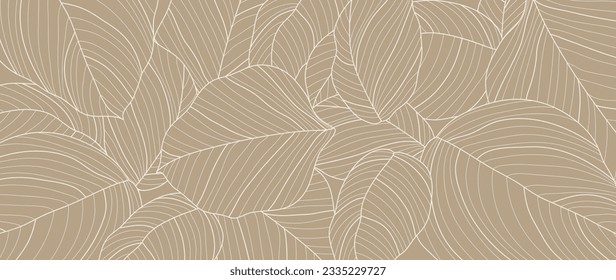 Botanical leaf line art wallpaper background vector. Luxury natural hand drawn foliage pattern design in minimalist linear contour simple style. Design for fabric, print, cover, banner, invitation.