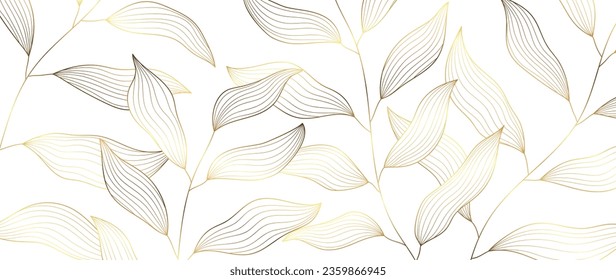 Botanical leaf line art wallpaper background vector. Luxury natural hand drawn foliage pattern design in minimalist linear contour simple style. Design for fabric, print, cover, banner, invitation.