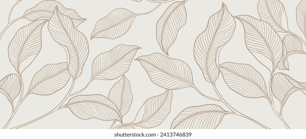 Botanical leaf line art wallpaper background vector. Luxury natural hand drawn foliage pattern design in minimalist linear contour simple style. Design for fabric, print, cover, banner, invitation.