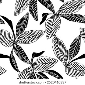 Vetor de fundo do papel de parede da arte da linha da folha botânica. Fundo floral preto e branco com folhas. Desenhado à mão design de padrão de folhagem em contorno linear estilo simples. Design para tecido, impressão, tampa.