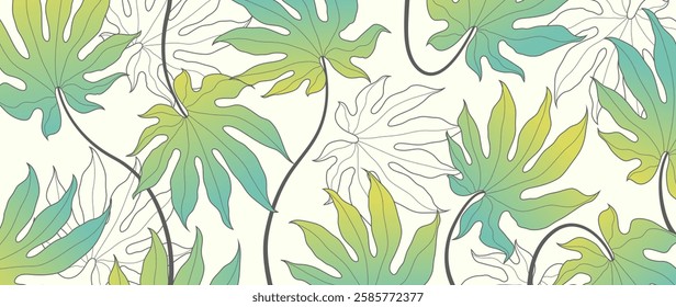Botanical leaf line art wallpaper background vector. Luxurious hand drawn foliage design in a minimalist linear outline simple boho style. Design for fabric, print, cover, banner, invitation	