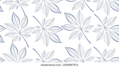 Botanical leaf outline seamless pattern in soft blue on white background, perfect for eco packaging, elegant wallpaper, stationery design, organic textiles, and modern nature-themed 