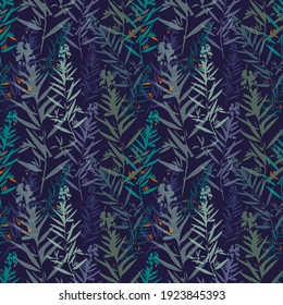 Botanical leaf pattern, vector. Nature seamless texture. Botanical seamless pattern in blue colors. Use for wallpaper, background, print on fabric and more