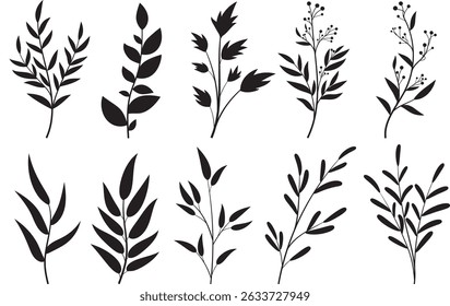 Botanical leaf silhouette collection with plants, herbs, and branch vector illustrations
