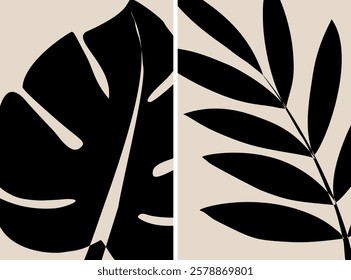 Botanical leaf wall art vector set. Foliage line art drawing with abstract shape. Abstract Leaf Plant design for print, cover, wallpaper, minimalist wall art. Vector illustration.