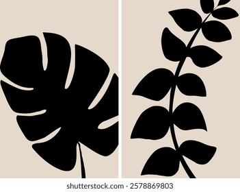 Botanical leaf wall art vector set. Foliage line art drawing with abstract shape. Abstract Leaf Plant design for print, cover, wallpaper, minimalist wall art. Vector illustration.