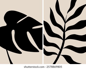 Botanical leaf wall art vector set. Foliage line art drawing with abstract shape. Abstract Leaf Plant design for print, cover, wallpaper, minimalist wall art. Vector illustration.