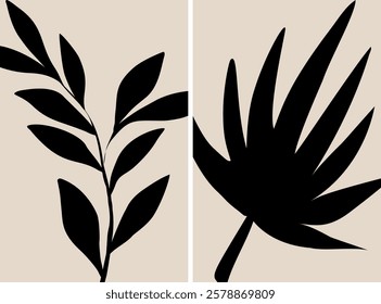 Botanical leaf wall art vector set. Foliage line art drawing with abstract shape. Abstract Leaf Plant design for print, cover, wallpaper, minimalist wall art. Vector illustration.