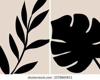 Botanical leaf wall art vector set. Foliage line art drawing with abstract shape. Abstract Leaf Plant design for print, cover, wallpaper, minimalist wall art. Vector illustration.