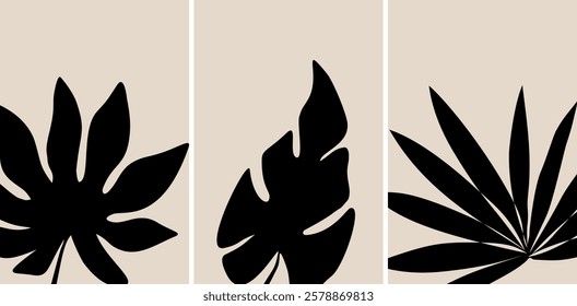 Botanical leaf wall art vector set. Foliage line art drawing with abstract shape. Abstract Leaf Plant design for print, cover, wallpaper, minimalist wall art. Vector illustration.