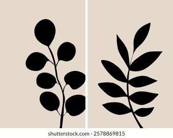 Botanical leaf wall art vector set. Foliage line art drawing with abstract shape. Abstract Leaf Plant design for print, cover, wallpaper, minimalist wall art. Vector illustration.