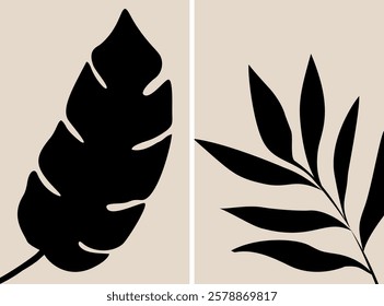 Botanical leaf wall art vector set. Foliage line art drawing with abstract shape. Abstract Leaf Plant design for print, cover, wallpaper, minimalist wall art. Vector illustration.