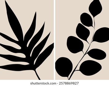 Botanical leaf wall art vector set. Foliage line art drawing with abstract shape. Abstract Leaf Plant design for print, cover, wallpaper, minimalist wall art. Vector illustration.