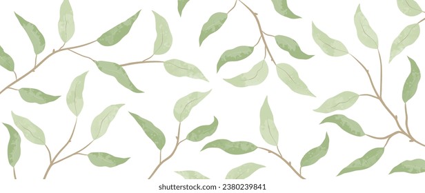 Botanical leaf wallpaper, Luxury nature leaf design, Green lines of leaves and branches, Hand drawn with watercolor texture for fabric, print, cover, banner and invitation, Vector illustration.	