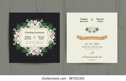 Botanical Leaves & Flowers Invitation Card On Wood Background