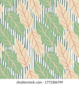 Botanical leaves seamless pattern on stripes background. Green foliage endless wallpaper. Decorative backdrop for fabric design, textile print, wrapping, cover. Vector illustration