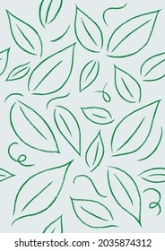 Botanical leaves in simplified and textured outline illustration. Seamless pattern. Seasons, nature, gardening, weather, green foliage. Ready to use design template