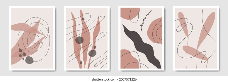 Botanische Blätter Wandkunst Vektorset. Eine Kunstzeichnung der Blattlinie in abstrakter Form. Abstraktes tropisches Pflanzendesign für Druck, Deckel, Tapeten, Minimale und natürliche Wandkunst. Vektorgrafik.