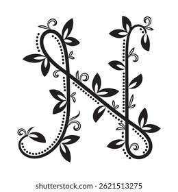 Botanical letter N with black vines and swirling leaves. Vintage style perfect for initials, stationery, or nature-inspired branding.