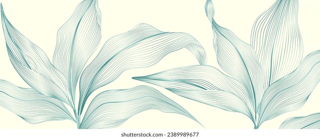 Botanical light art background with exotic leaves hand drawn in line art style. Banner with tropical plants for decoration, print, wallpaper, textile, interior design, packaging.