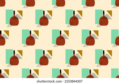 Botanical Line and Abstract Art seamless pattern with black silhouettes of plants and pitchers and bright autumn abstract spots