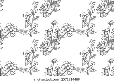 Botanical Line art abstract seamless plant pattern with wildflowers vector illustration.Black and white outline repeating floral print. Graphic design for Wallpaper Wedding Cover Wrapping pack Textile