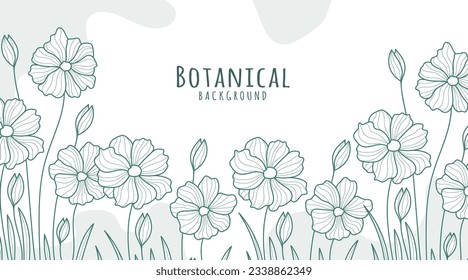 Botanical Line Art Background, Botanical Background, Leaves and Flower Background
