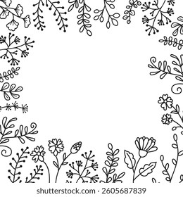 Botanical Line Art frame with branches and flowers of various plants. Floral composition isolated on white background. Graphic design for printing on fabric and paper. Vector illustration for banner