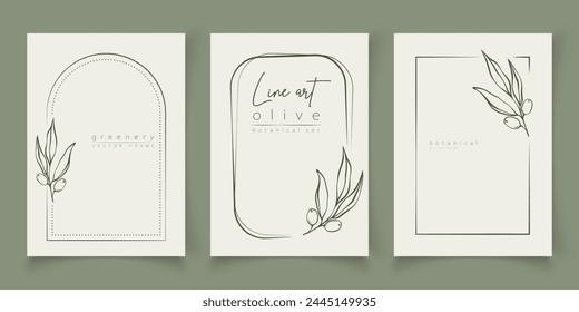 Conjunto de ilustración de arte de línea botánica de hojas de olivo, marcos de rama para invitación y tarjetas de boda, diseño de logotipo, Web, redes sociales y Plantilla de carteles. Elegante estilo minimalista Vector floral aislado.	