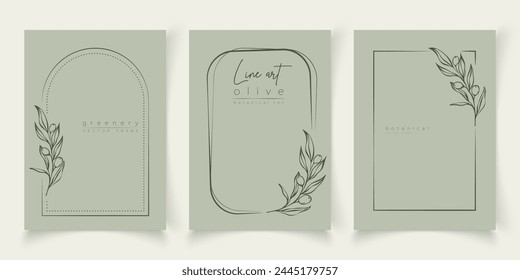 Botanical line art illustration set of olive leaves, branch frames for wedding invitation and cards, logo design, web, social media and posters template. Elegant minimal style floral vector isolated.	