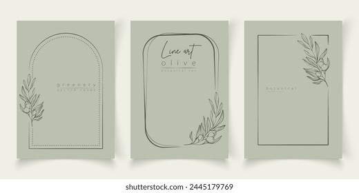 Botanische Linie Kunst Illustration Set von Olivenblättern, Zweigrahmen für Hochzeitseinladung und Karten, Logo-Design, Web, Social Media und Poster Vorlage. Elegante minimalistische florale Vektorgrafik isoliert.	