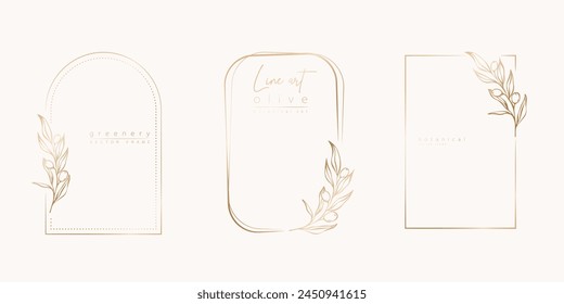 Botanical line art illustration set of olive leaves, branch frames for wedding invitation and cards, logo design, web, social media and posters template. Elegant minimal style floral vector isolated.