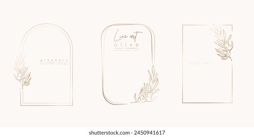 Botanical line art illustration set of olive leaves, branch frames for wedding invitation and cards, logo design, web, social media and posters template. Elegant minimal style floral vector isolated.