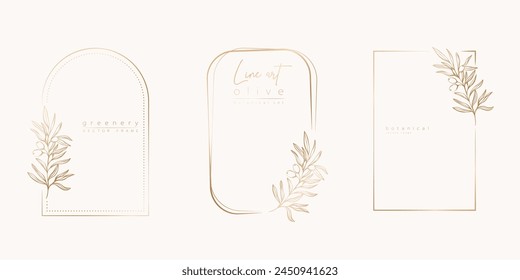 Conjunto de ilustración de arte de línea botánica de hojas de olivo, marcos de rama para invitación y tarjetas de boda, diseño de logotipo, Web, redes sociales y Plantilla de carteles. Elegante estilo minimalista Vector floral aislado.