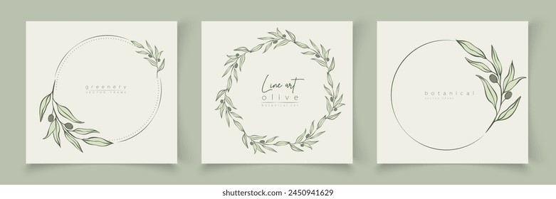 Botanische Linie Kunst Illustration Set von Olivenblättern, Zweigrahmen für Hochzeitseinladung und Karten, Logo-Design, Web, Social Media und Poster Vorlage. Elegante minimalistische florale Vektorgrafik isoliert.