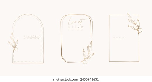 Botanical line art illustration set of olive leaves, branch frames for wedding invitation and cards, logo design, web, social media and posters template. Elegant minimal style floral vector isolated.