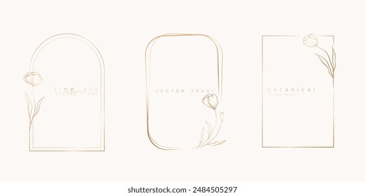 Conjunto de ilustración de arte de línea botánica de flores silvestres, marcos de rama para invitación y tarjetas de boda, diseño de logotipo, Web, redes sociales y Plantilla de carteles. Elegante estilo minimalista Vector floral aislado.