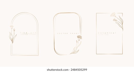 Botanical line art illustration set of wildflowers, branch frames for wedding invitation and cards, logo design, web, social media and posters template. Elegant minimal style floral vector isolated.