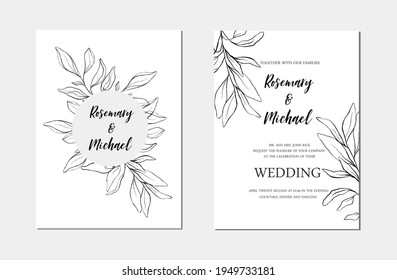 Botanical line art minimalist floral wedding invitation card template. Hand drawn black leaves sketch. Vector illustration wedding layout design