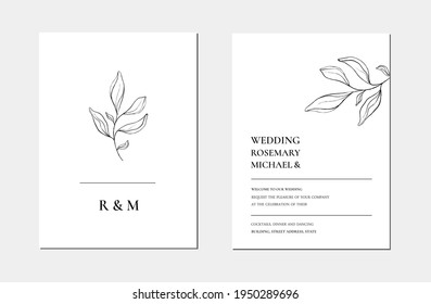 Botanical line art minimalist floral wedding invitation card template. Hand drawn black leaves sketch. Vector illustration wedding layout design