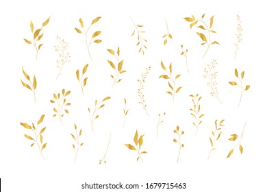 Botanical line art silhouette golden leaves hand drawn pencil sketches isolated on white background. Fine art floral elegant delicate graphic clipart for wedding invitation card. Vector illustration